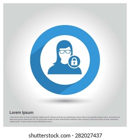 Blue Secure Female User Icon, Circle Long shadow pictogram icon on gray background.