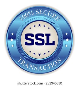Blue secure transaction badge with white background