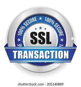 Blue secure transaction button with ribbon on white background