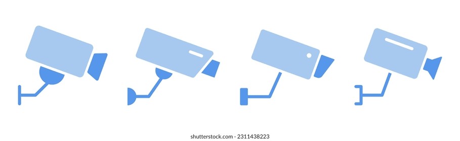 Cámara de seguridad azul. Juego de iconos de la cámara CCTV. Cámara de seguridad en plano. Sistema de protección. Ilustración vectorial de acciones