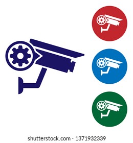 Blue Security camera and gear icon isolated on white background. Adjusting app, service concept, setting options, maintenance, repair, fixing. Set color icon in circle buttons. Vector Illustration
