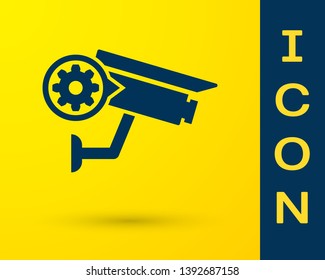Blue Security camera and gear icon isolated on yellow background. Adjusting app, service concept, setting options, maintenance, repair, fixing. Vector Illustration