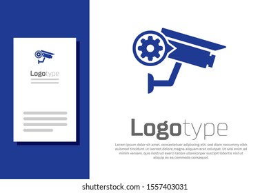 Blue Security camera and gear icon isolated on white background. Adjusting app, service concept, setting options, maintenance, repair, fixing. Logo design template element. Vector Illustration