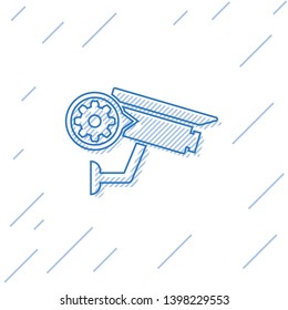 Blue Security camera and gear line icon isolated on white background. Adjusting app, service concept, setting options, maintenance, repair, fixing. Vector Illustration