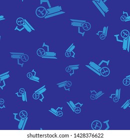 Blue Security camera with screwdriver and wrench icon isolated seamless pattern on blue background. Adjusting, service, setting, maintenance, repair, fixing.  Vector Illustration
