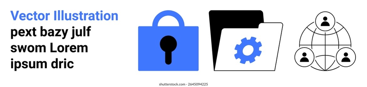 Bloqueio de segurança azul, pasta com um ícone de engrenagem e rede de conexão global com ícones de pessoas. Ideal para segurança cibernética, gerenciamento de dados, colaboração, rede global, armazenamento em nuvem, soluções de TI
