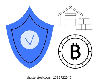 Blue security shield with check mark, outline of a warehouse with boxes, and Bitcoin symbol. Ideal for financial security, data protection, cryptocurrency, inventory management, digital transactions