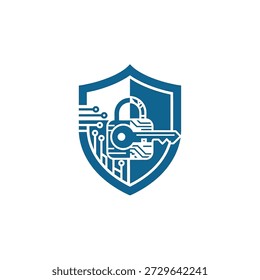 Escudo de segurança azul contendo padrão de placa de circuito com cadeado e símbolo de chave representando privacidade de dados avançada