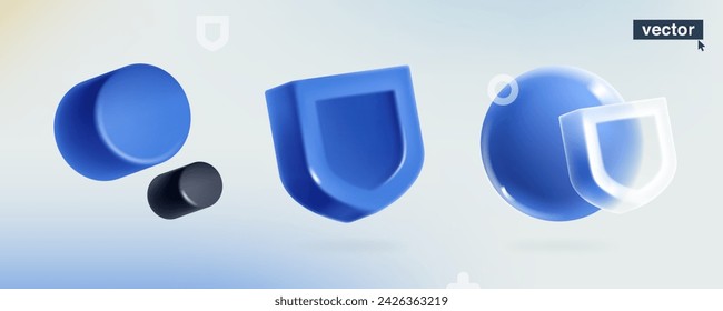 Blue security shield in glassmorphism style. Realistic 3D render in plastic cartoon style. Vector for defense app, antivirus protection, privacy banner, good password, data access, online safety.