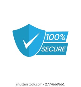 Blue Security Shield Icon with Checkmark and 100 Percent Secure Badge