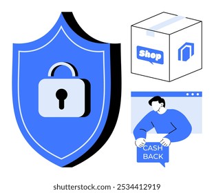 Escudo de seguridad azul con cerradura, caja de la compra etiquetada Tienda y figura que sostiene Cashback. Ideal para compras en línea, ciberseguridad, comercio electrónico, seguridad de pagos, recompensas de Clientes. Estilo plano simple