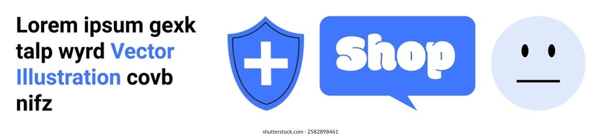 Blue security shield symbol and shopping speech bubble help signify online shopping security Neutral face expresses customer experience. Ideal for e-commerce online retail customer experience digital