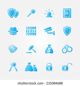 Blue security vector icons - vector simple police symbols set