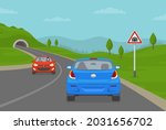Blue sedan car driving into mountain road tunnel. Tunnel ahead warning road or traffic sign. Flat vector illustration template.