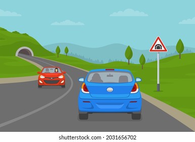 Blue sedan car driving into mountain road tunnel. Tunnel ahead warning road or traffic sign. Flat vector illustration template.