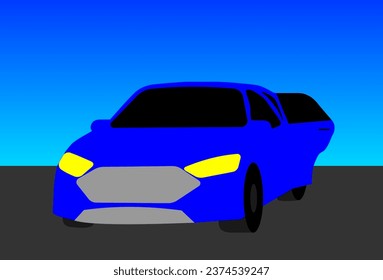 blue sedan car on the street and blue sky background