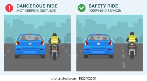 Blue sedan car and sport motorcycle on a city highway. Safety and dangerous ride. Keep a safe distance infographic. Flat vector illustration template.