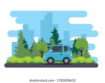 vehículo de coche de sedan azul en la carretera, con diseño de ilustraciones vectoriales de plantas arbóreas