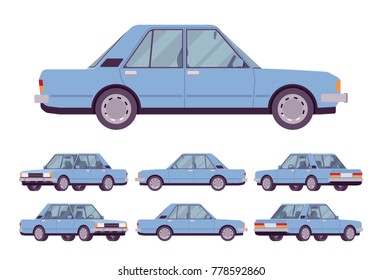 Blue sedan set. Saloon type of vehicle, passenger car with extended boot designed for city or highway safe drive and seat comfort. Vector flat style cartoon illustration isolated on white background