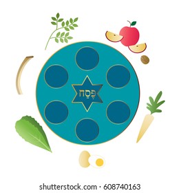 blue seder plate with food