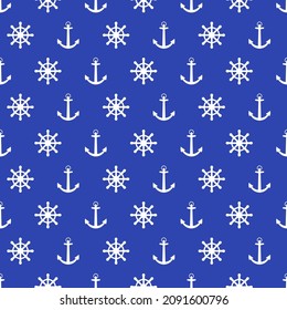 Blue see anchor seamless pattern. Flat vector illustration