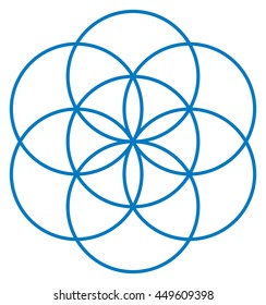 Blue Seed of Life. Unique geometrical figure, composed of seven overlapping circles of same size, forming the symmetrical structure of an hexagon. Flower of Life prestage. Illustration