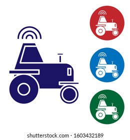 Blue Self driving wireless tractor on a smart farm icon isolated on white background. Smart agriculture implement element. Set color icons in circle buttons. Vector Illustration