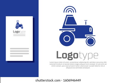 Blue Self Driving Wireless Tractor On A Smart Farm Icon Isolated On White Background. Smart Agriculture Implement Element. Logo Design Template Element. Vector Illustration