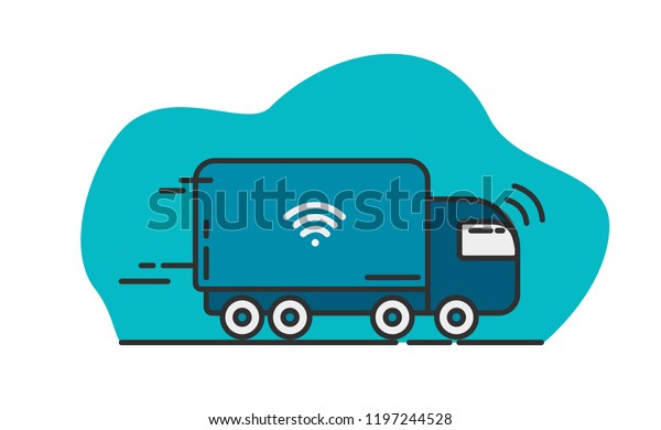 Blue self-driving truck - Future\
technology of transport. Vector line and flat\
illustration.