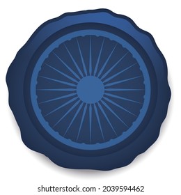 Blue selling wax stamp with Indian Ashoka Chakra shape inside of it, over white background.