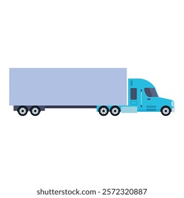 Blue semi trailer truck transporting cargo is depicted in a side view