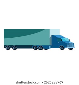 Blue semi trailer truck transporting cargo with a large container, side view isolated on a white background