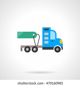 Blue semi truck with green blank price tag. Retail business. Vehicles for sale and rent. Flat color vector icon