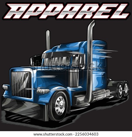 blue semi Truck, isolated on black background for business elements, screen printing, digital printing, DTG, DTF and poster