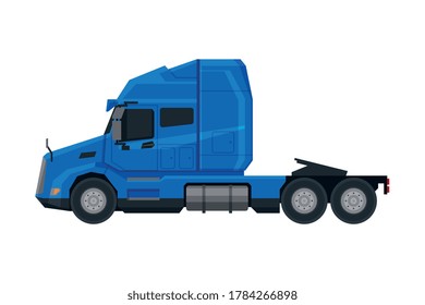 Blue Semi Truck, Side View Of Cargo Modern Delivery Cargo Vehicle Flat Vector Illustration On White Background