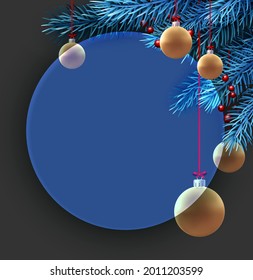 Blue semi-transparent new year background. Blue spruce branch with red berries. Hanging bubbles. Vector winter holiday illustration.