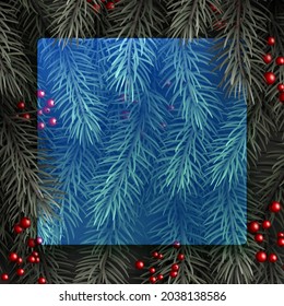 Blue semi-transparent new year background. Spruce branch with red berries. Space for text. Vector winter holiday illustration.