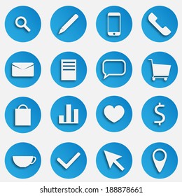 Blue SEO Business Vector Icons Set with Magnifier, Pen, Mobile Phone, Handset, Mail, Document, Speech Bubble, Trolley Basket, Package, Compare Graph, Heart, Dollar Symbol, Tea Cup, Arro, Pin Marker