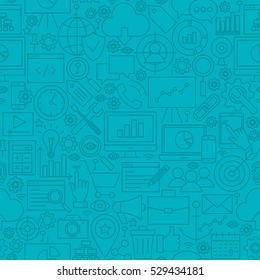 Blue SEO Line Tile Pattern. Vector Illustration of Outline Seamless Background. Web Development.