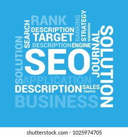 Blue SEO (search engine optimization) word cloud. Vector illustration