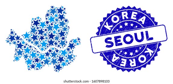 Blue Seoul city map collage of stars, and distress rounded stamp. Abstract territory scheme in blue shades. Vector Seoul city map is constructed of blue stars.