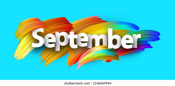 Blue september banner with spectrum brush strokes on white background. Colorful gradient brush design. Vector paper illustration.