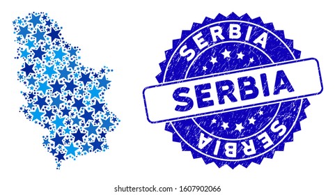 Blue Serbia map mosaic of stars, and grunge rounded stamp. Abstract territorial scheme in blue color hues. Vector Serbia map is designed with blue stars.