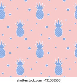 blue serenity pineapples on rose quartz background seamless vector pattern illustration
