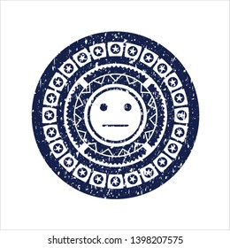 Blue serious face icon inside distressed rubber grunge texture seal