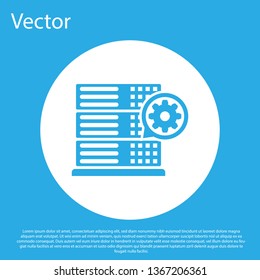 Blue Server and gear icon isolated on blue background. Adjusting app, service concept, setting options, maintenance, repair, fixing. White circle button. Vector Illustration