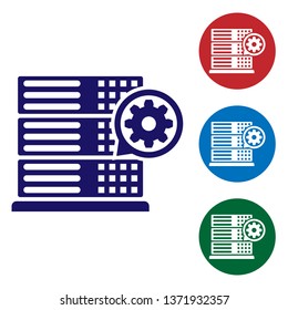 Blue Server and gear icon isolated on white background. Adjusting app, service concept, setting options, maintenance, repair, fixing. Set color icon in circle buttons. Vector Illustration