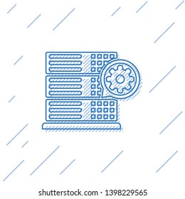 Blue Server and gear line icon isolated on white background. Adjusting app, service concept, setting options, maintenance, repair, fixing. Vector Illustration