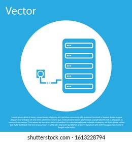 Blue Server icon isolated on blue background. Adjusting app, service concept, setting options, maintenance, repair, fixing. White circle button. Vector Illustration