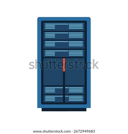 A blue server rack with multiple slots and a vertical orange stripe.